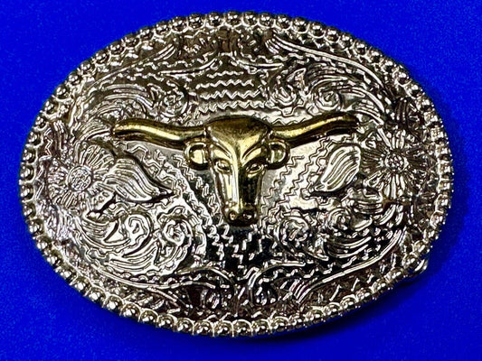 The Longhorn cow steer - cowboys cowgirls western two color oval belt buckle