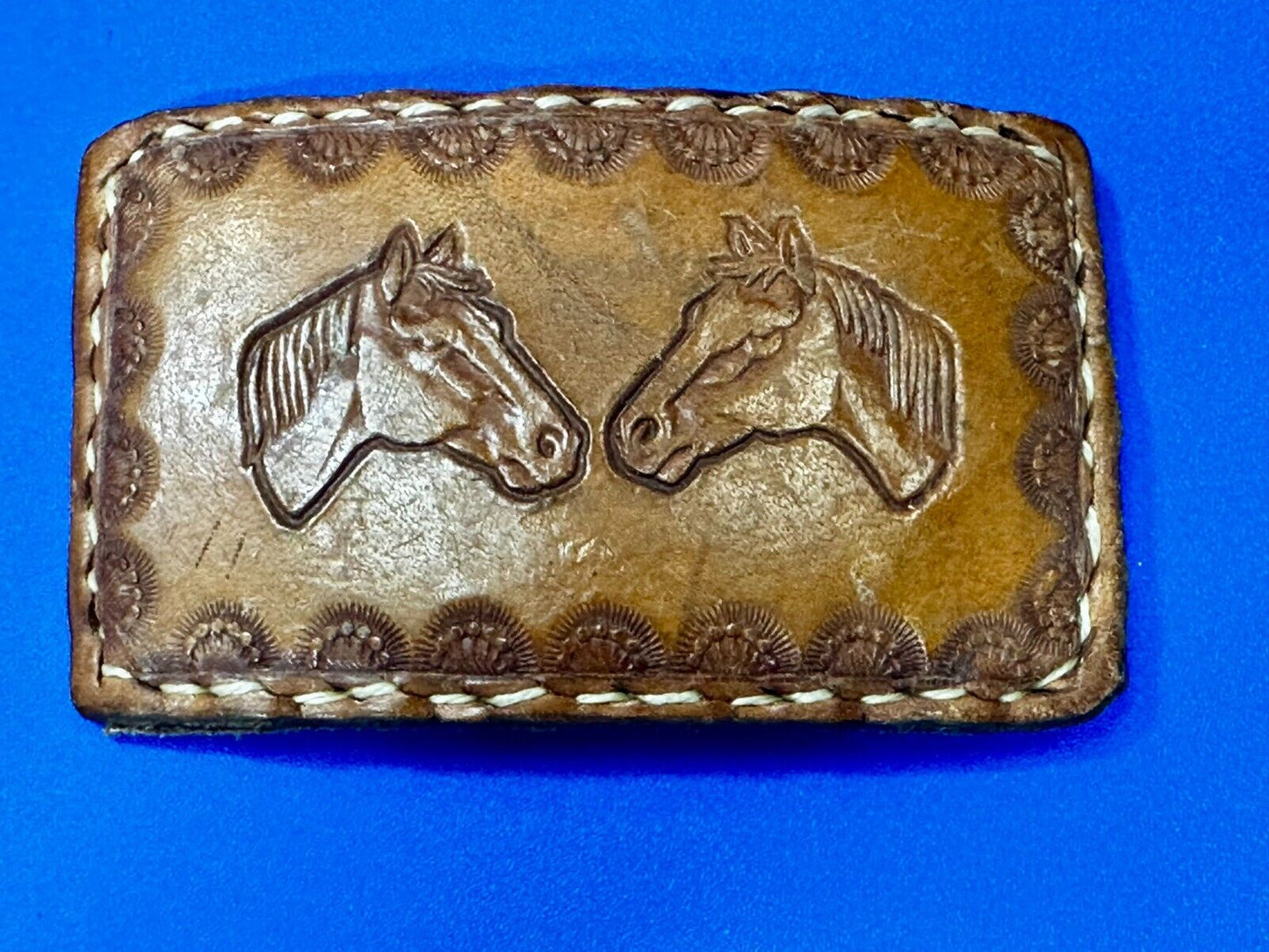 Two Horse Heads Vintage Stitched Brown Leather Rectangular Belt Buckle