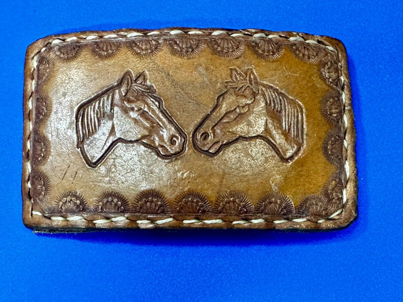 Two Horse Heads Vintage Stitched Brown Leather Rectangular Belt Buckle