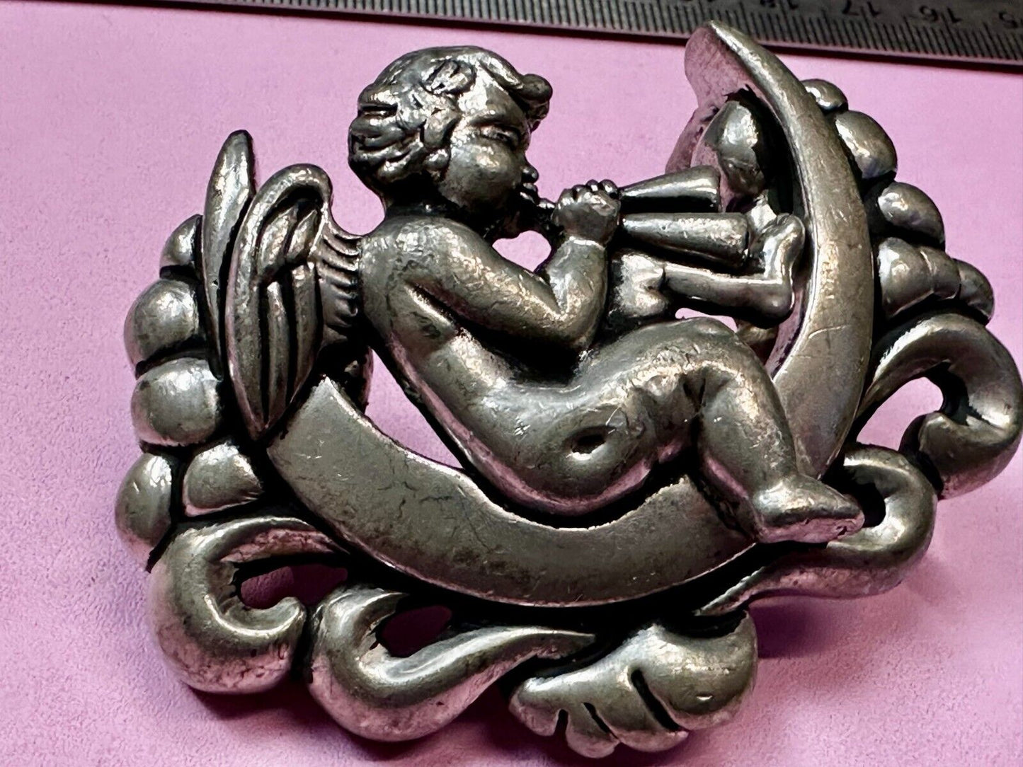 Angel Cherub Playing Flute Figural Cutout Rare Belt Buckle #1008 Vicenza