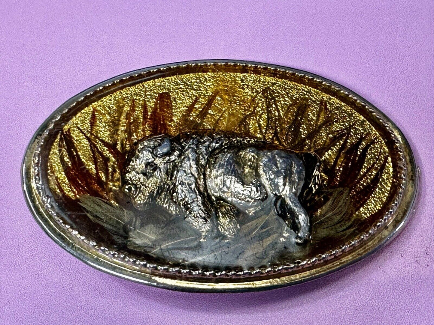 3D Buffalo in wheat grass - Raised from gold tone Vintage Belt Buckle
