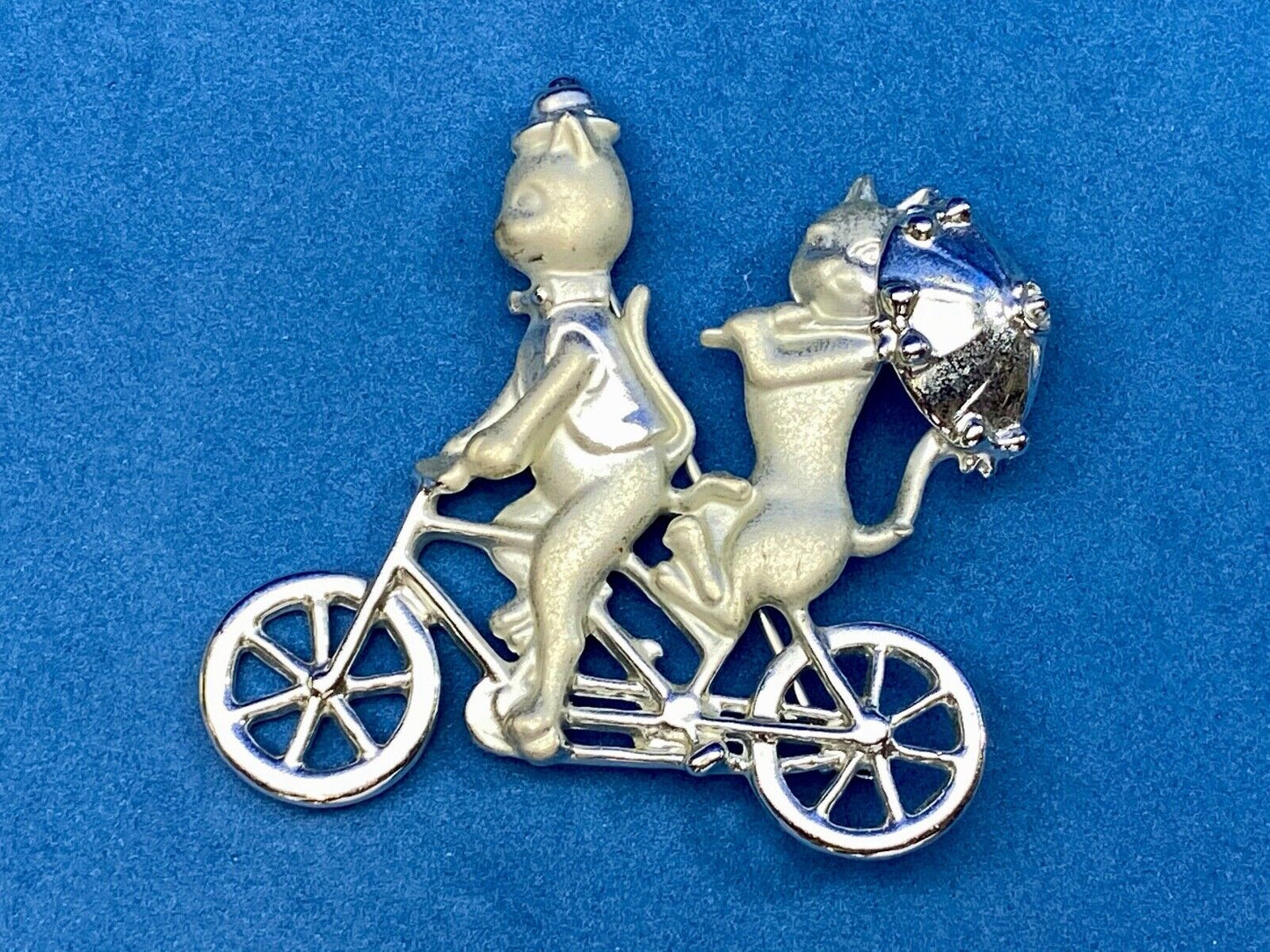 Vintage AJC Two Cats Riding Bicycle  with Umbrella Silver Tone Brooch Pin