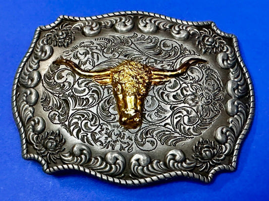 Texas Longhorn Rodeo Cowboys Steer Two Tone Belt Buckle by Jeans Friend
