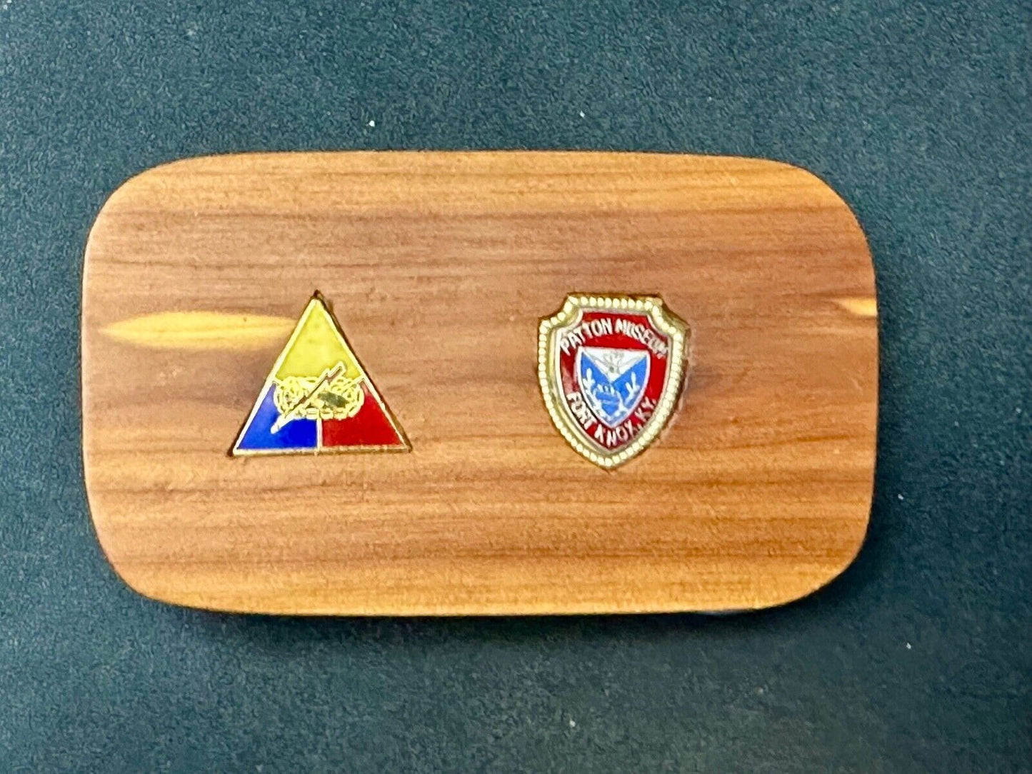 Two pins Patton Museum Fort Knox KY Artisan Inlaid project to wooden Belt Buckle