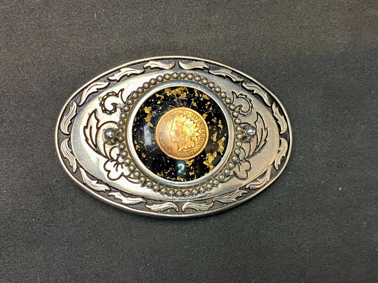 1887 Indian Head Penny Enclosed In Ornate Western Oval Belt Buckle