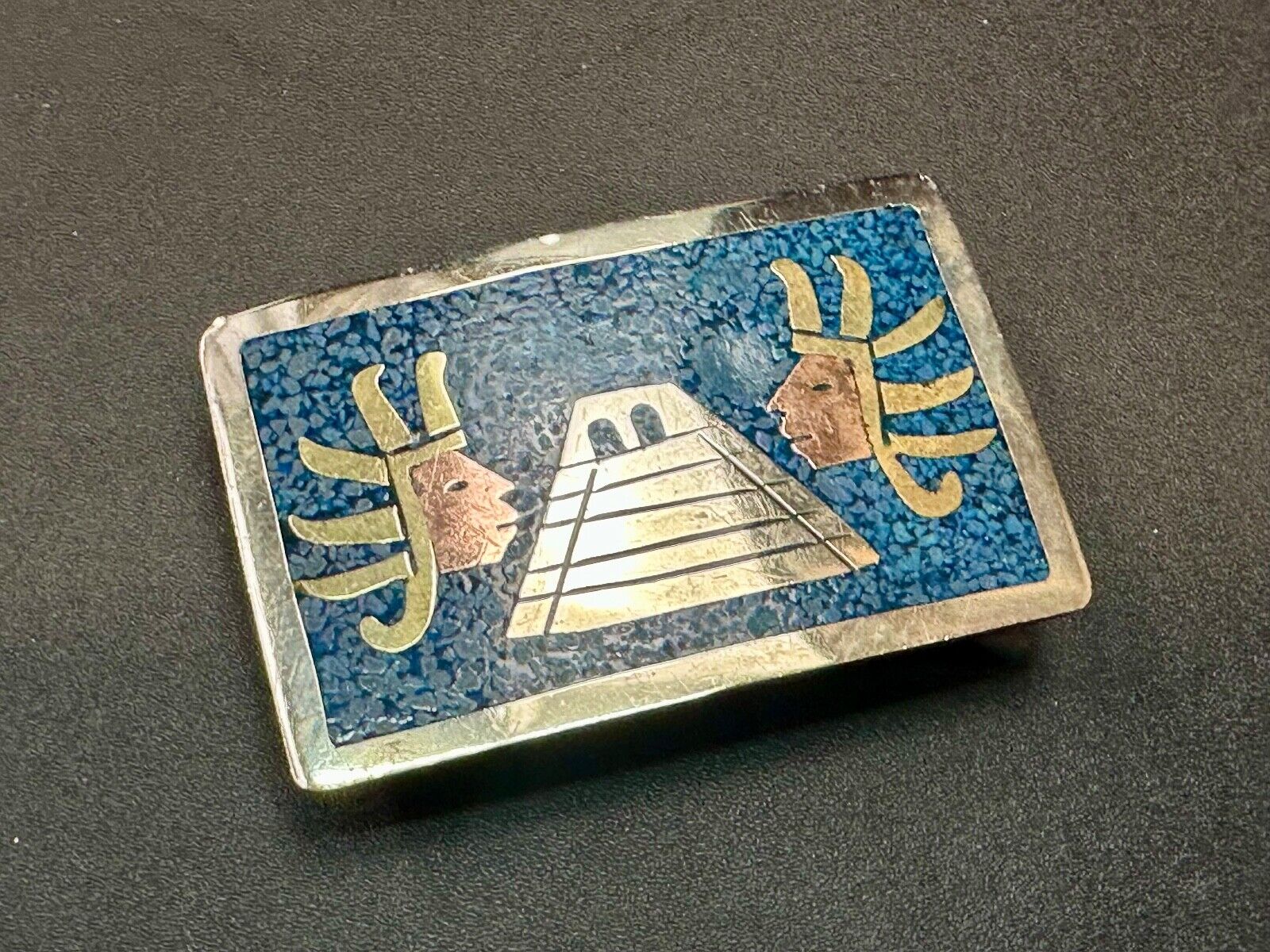 Aztec Mayan Temple Pyramid Figures Vintage Inlay belt buckle made in Mexico
