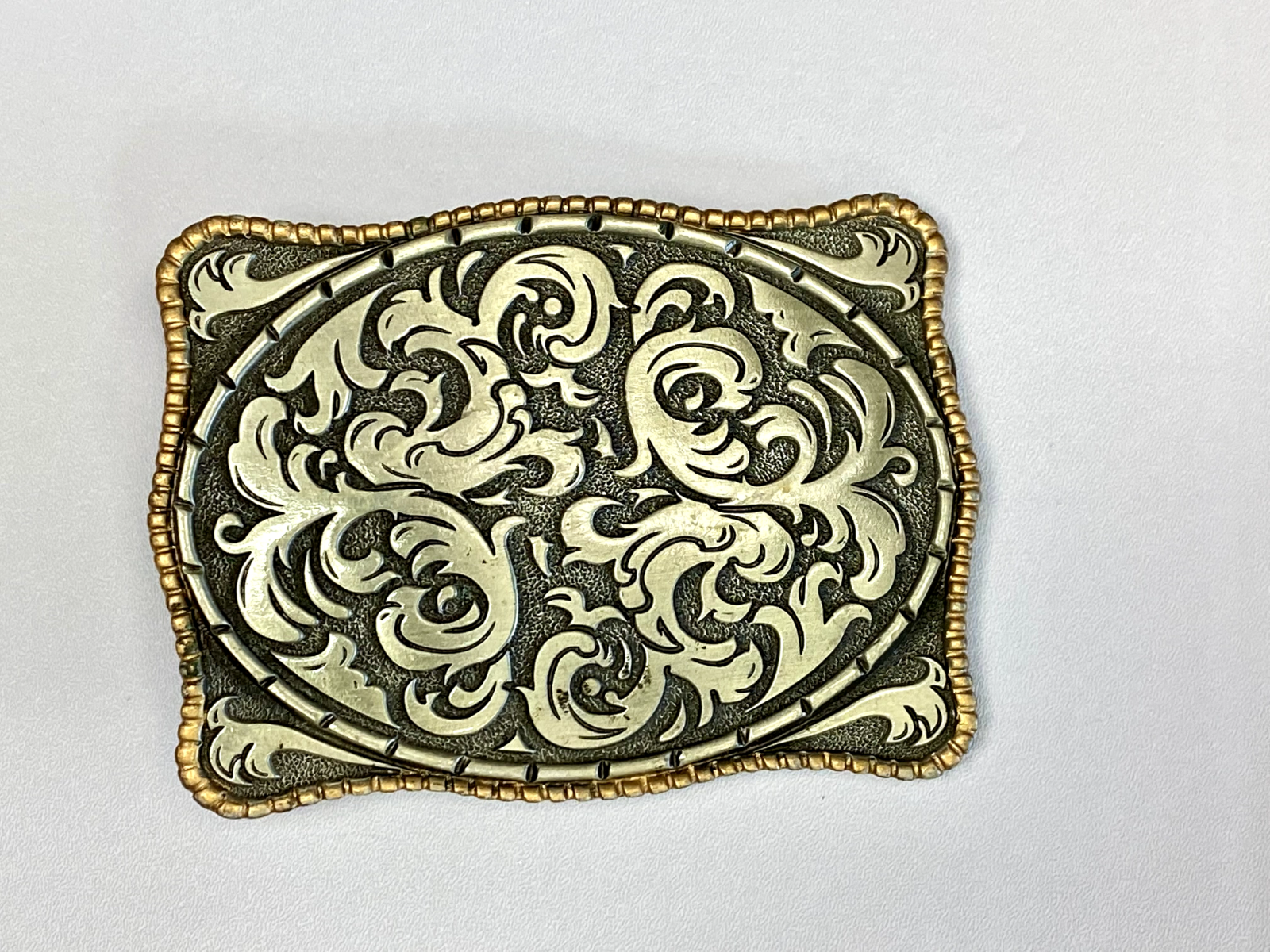 Vintage 1980S **Ornamental Floral Pattern** Pewter Western Belt Buckle