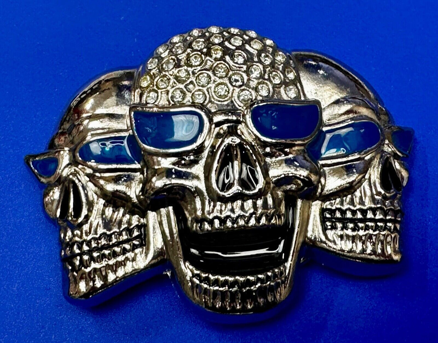 Three Skull's Heads Rhinestone Accented W/ Blue Shades Silver Tone Belt Buckle