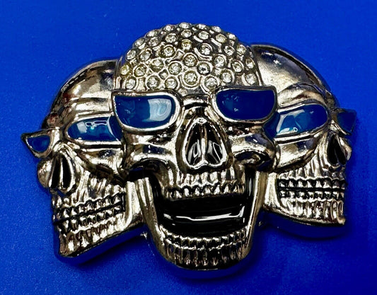 Three Skull's Heads Rhinestone Accented W/ Blue Shades Silver Tone Belt Buckle
