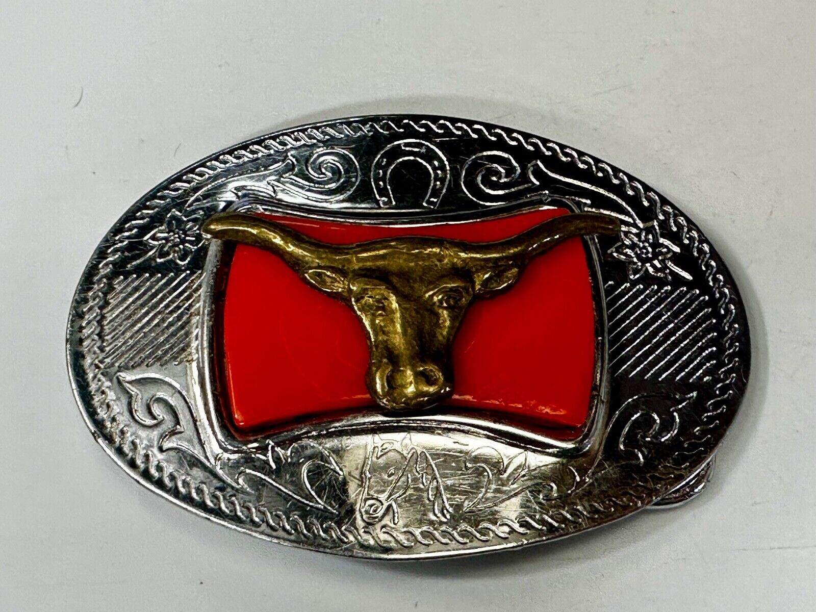 Texas Longhorn Cattle Bull Orange Enamel Backed Western Style Belt Buckle
