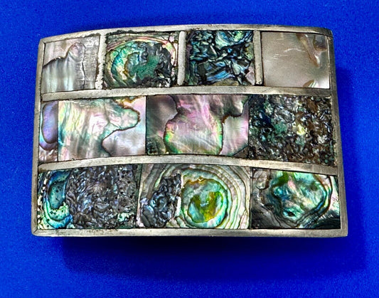 Vintage Abalone Shel Inlaid Silver Tone Large Rectangular Belt Buckle