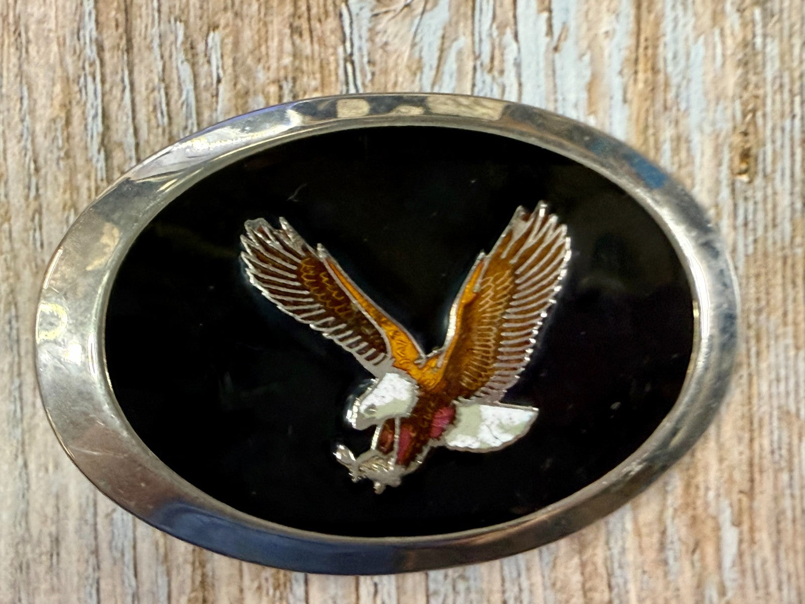 American Bald Eagle Flying Hunting Claws Black Enameled Western Oval Belt Buckle