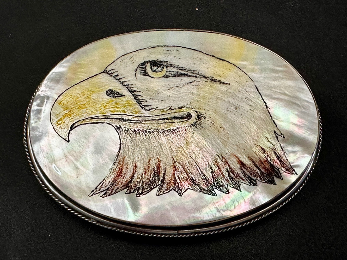 American Bald Eagle Handmade On Mother Of Pearl Shell Belt Buckle - Hallmarked M