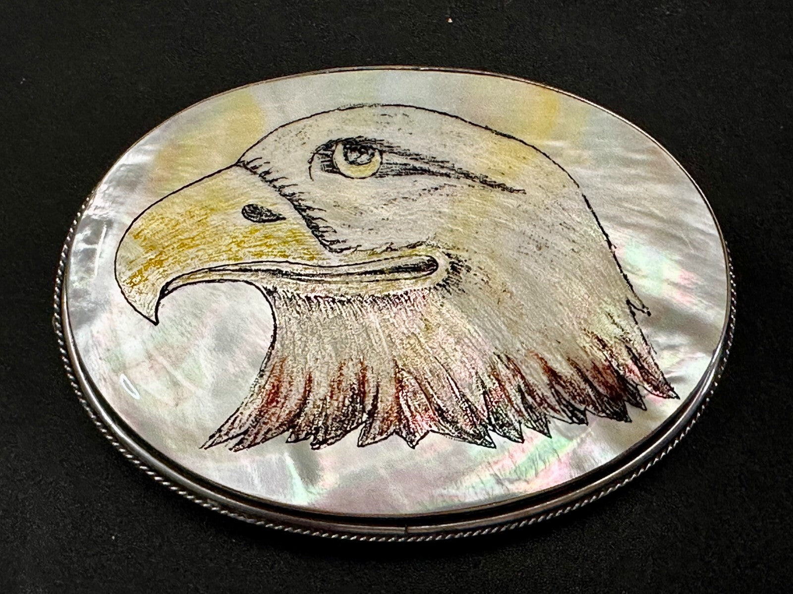 American Bald Eagle Handmade On Mother Of Pearl Shell Belt Buckle - Hallmarked M