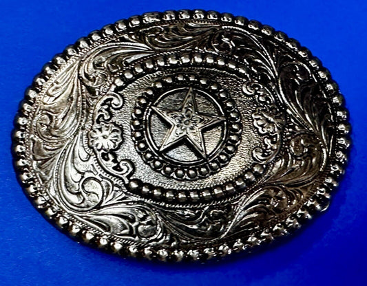 The Lone Star Centered In Oval Flower Swirl Silver Tone Belt Buckle