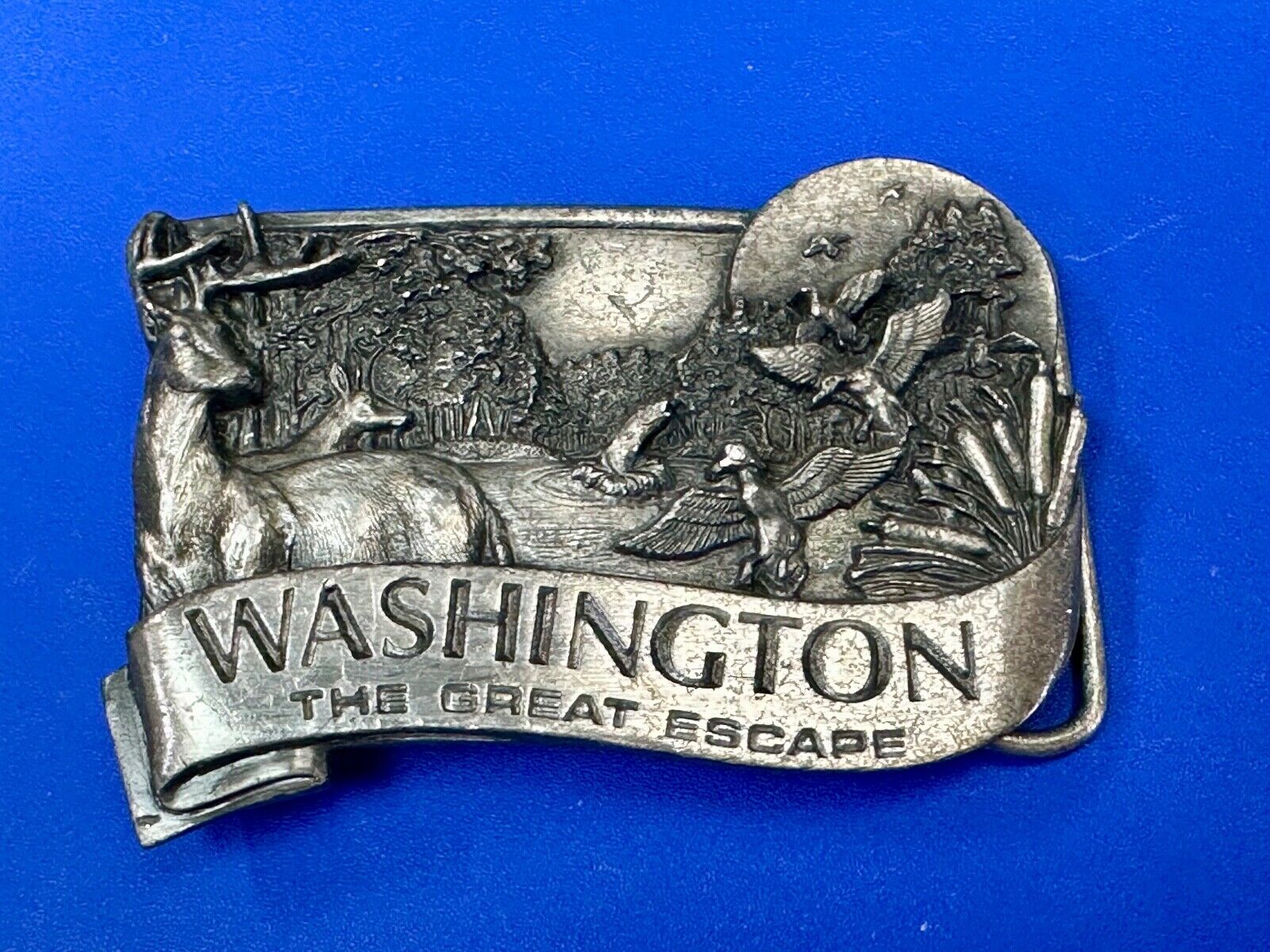 VINTAGE 1984 **WASHINGTON** THE GREAT ESCAPE PEWTER BELT BUCKLE BY BERGAMOT