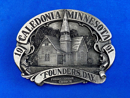 Vintage 1991 - Founder’s Days Caledonia MN belt buckle - presbyterian church 