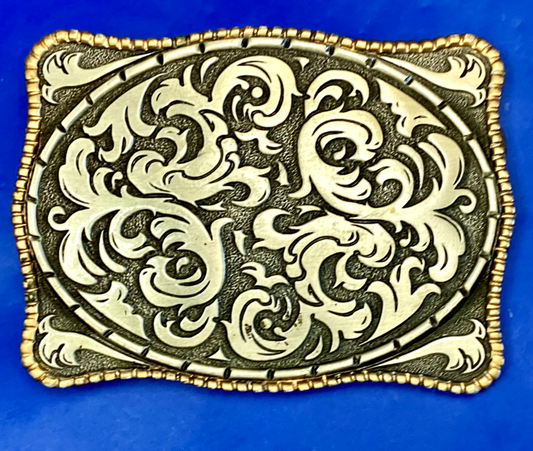 Vintage 1980S **Ornamental Floral Pattern** Pewter Western Belt Buckle