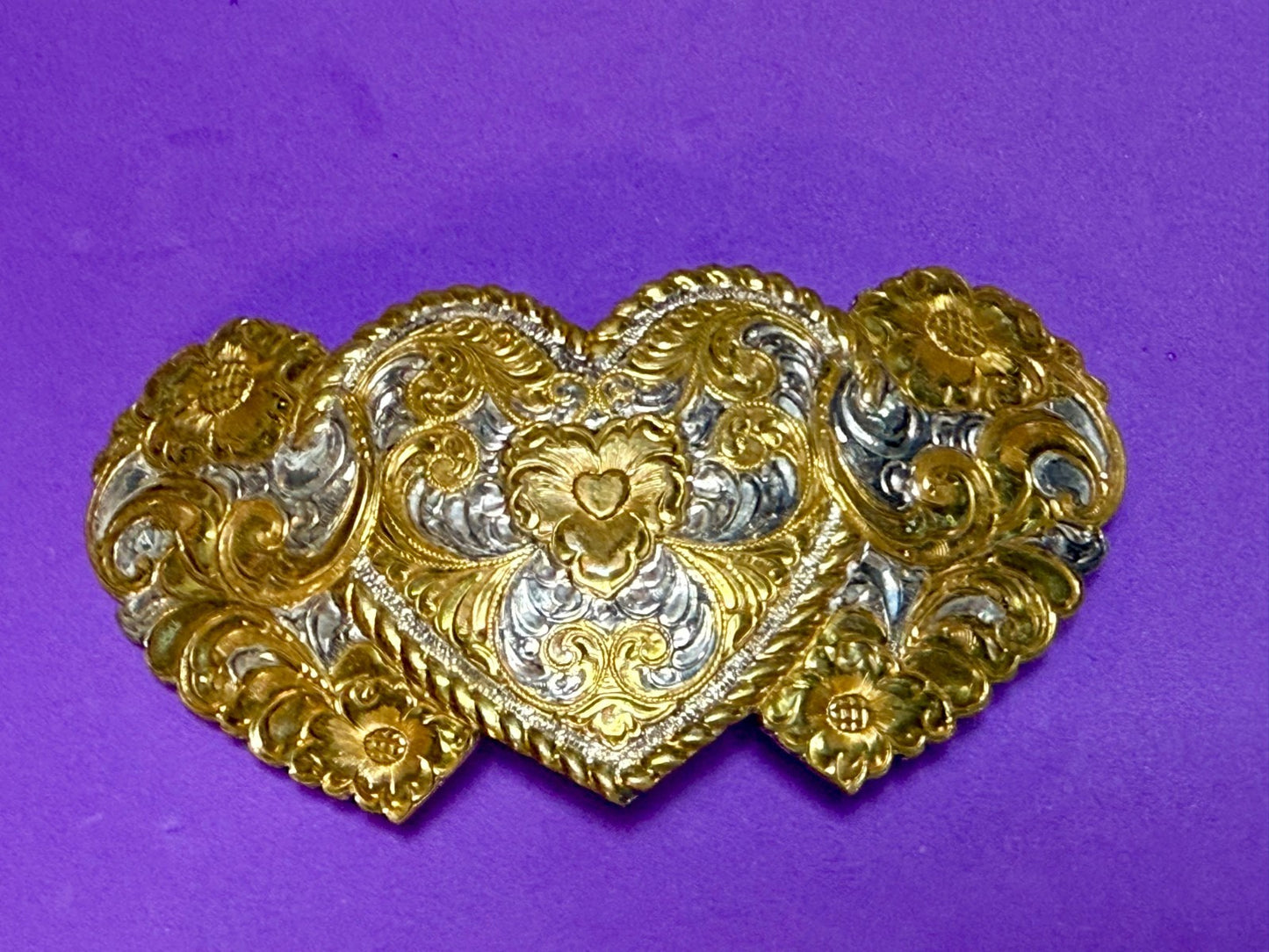 Triple Heart Shaped Heavy Silver Plate on Jewelers' Bronze Crumrine Belt Buckle