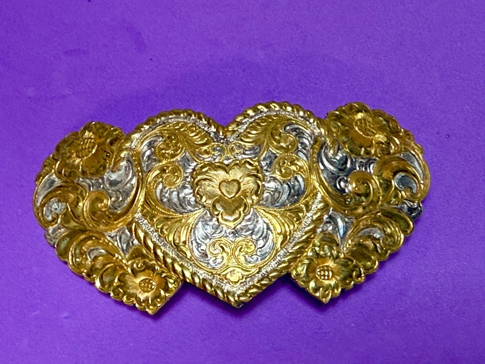 Triple Heart Shaped Heavy Silver Plate on Jewelers' Bronze Crumrine Belt Buckle