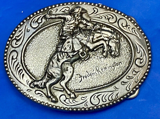 An Indian Trapper Frederick Remington Cowboy Horse Vintage Belt Buckle