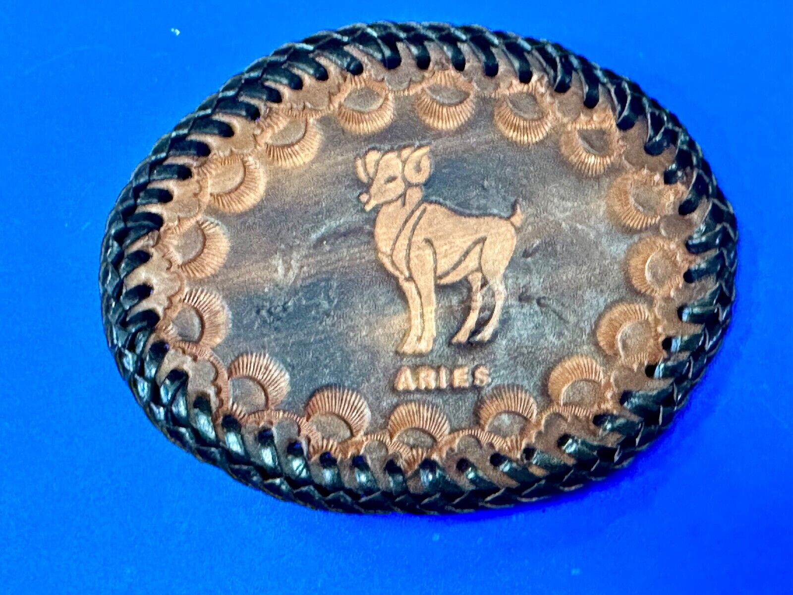 Aries Leather Oval Astrology Belt Buckle Vintage Hand Stitched Tooled Ram Horns