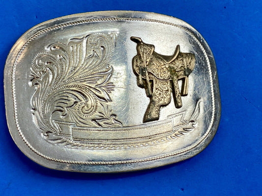 Vintage gold and silver color Horse saddle ribbon & flower swirl belt buckle 