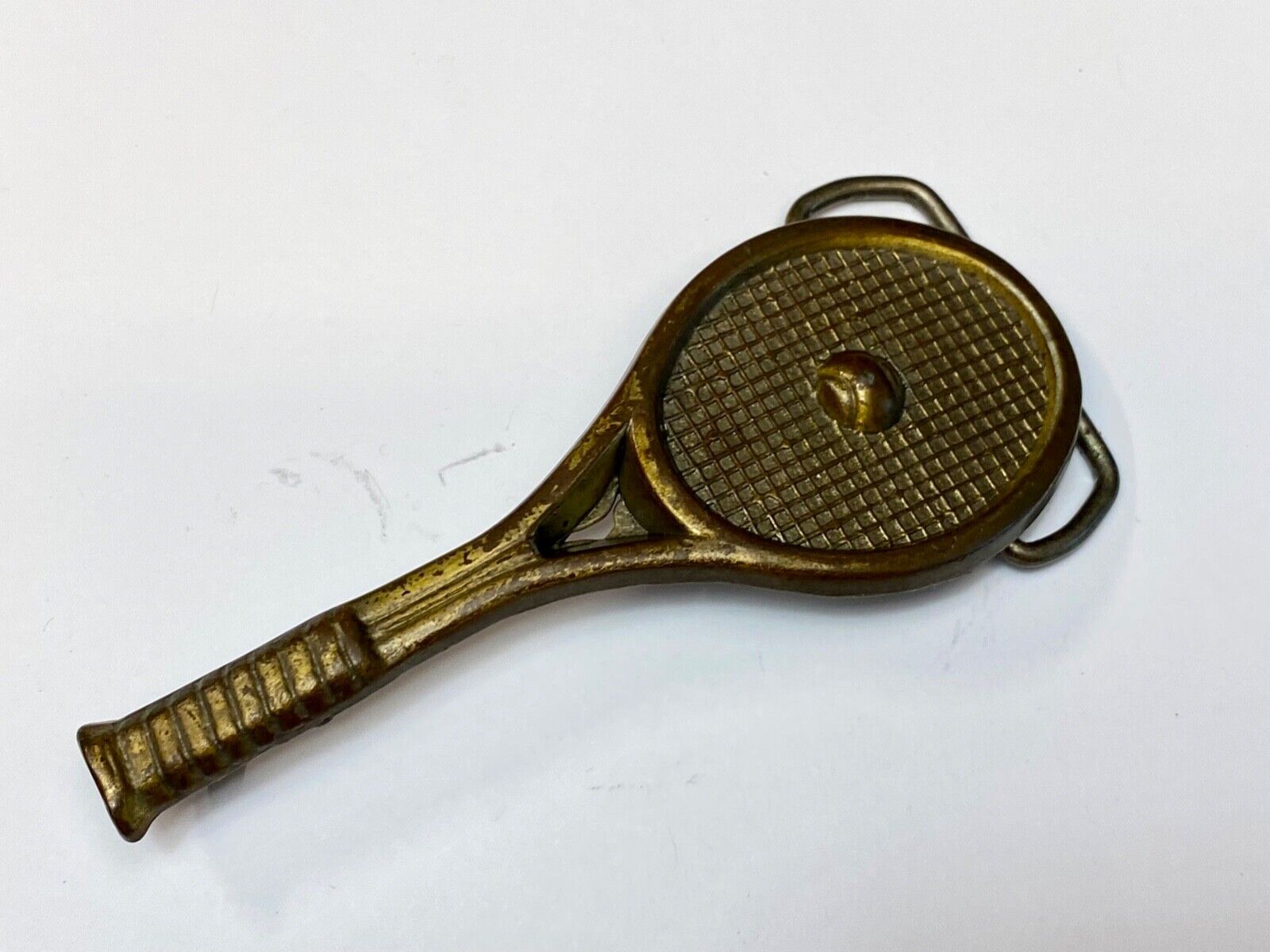 Unique Figural Tennis Racket and ball Sports Game brass tone belt buckle