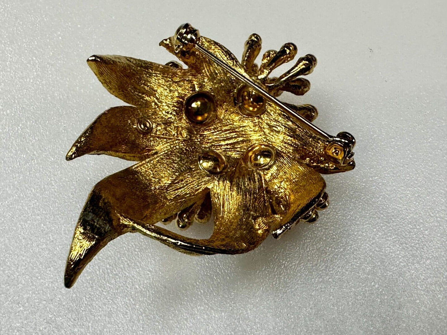 Vintage Flower Textured Brushed Gold Tone Brooch Pin Signed by BSK