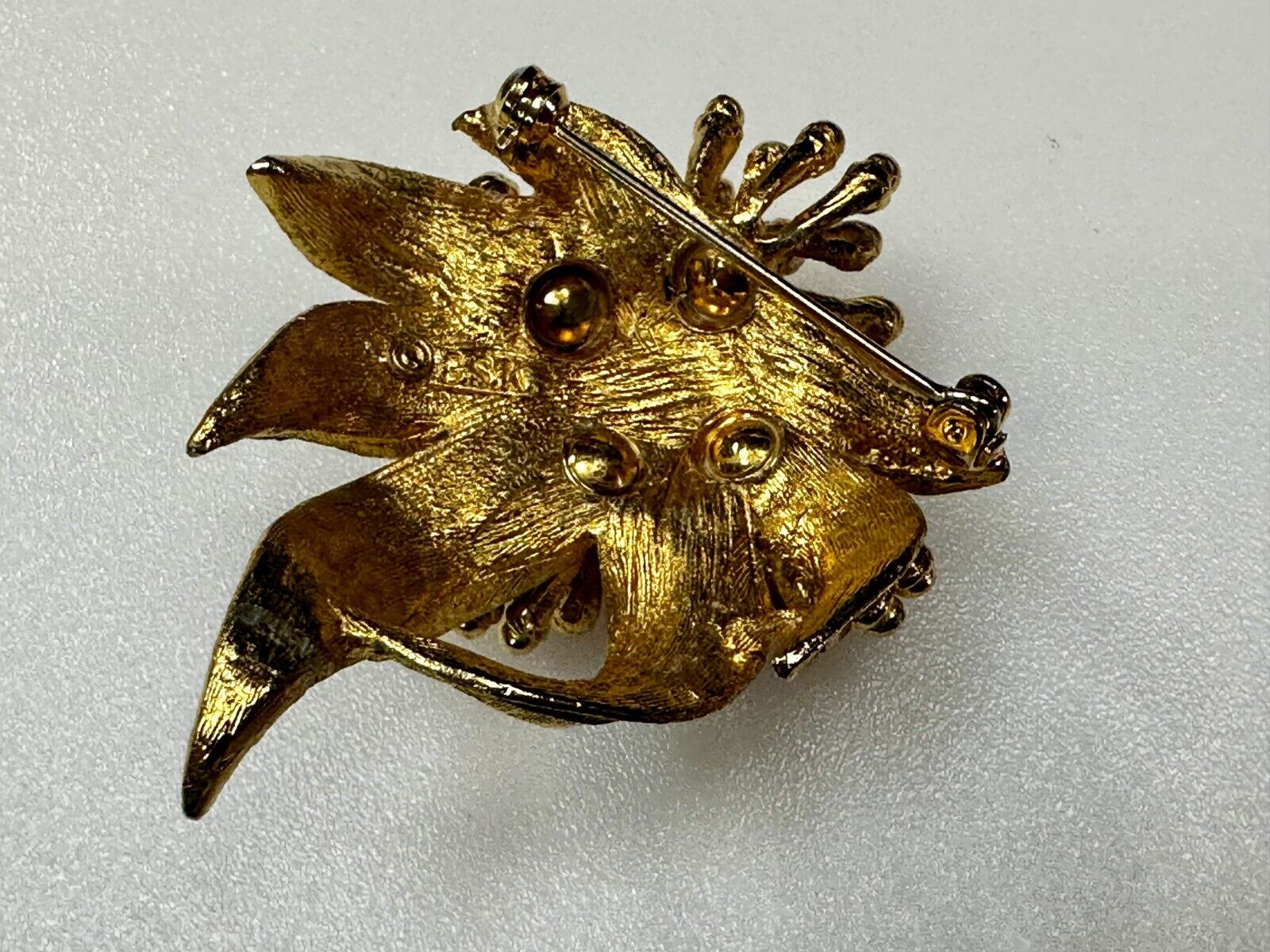 Vintage Flower Textured Brushed Gold Tone Brooch Pin Signed by BSK