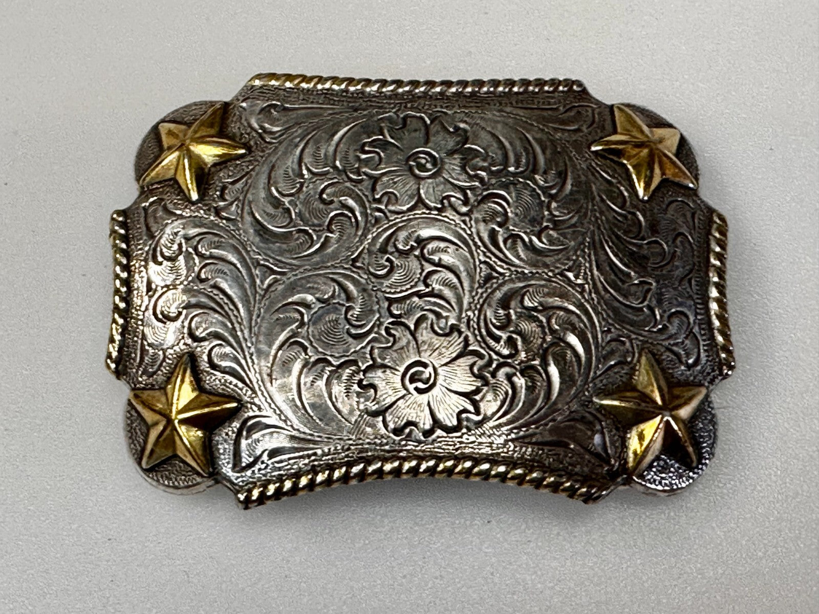 Texas Lone Star Corners Flower Swirl Ornate Western Two Tone Belt Buckle