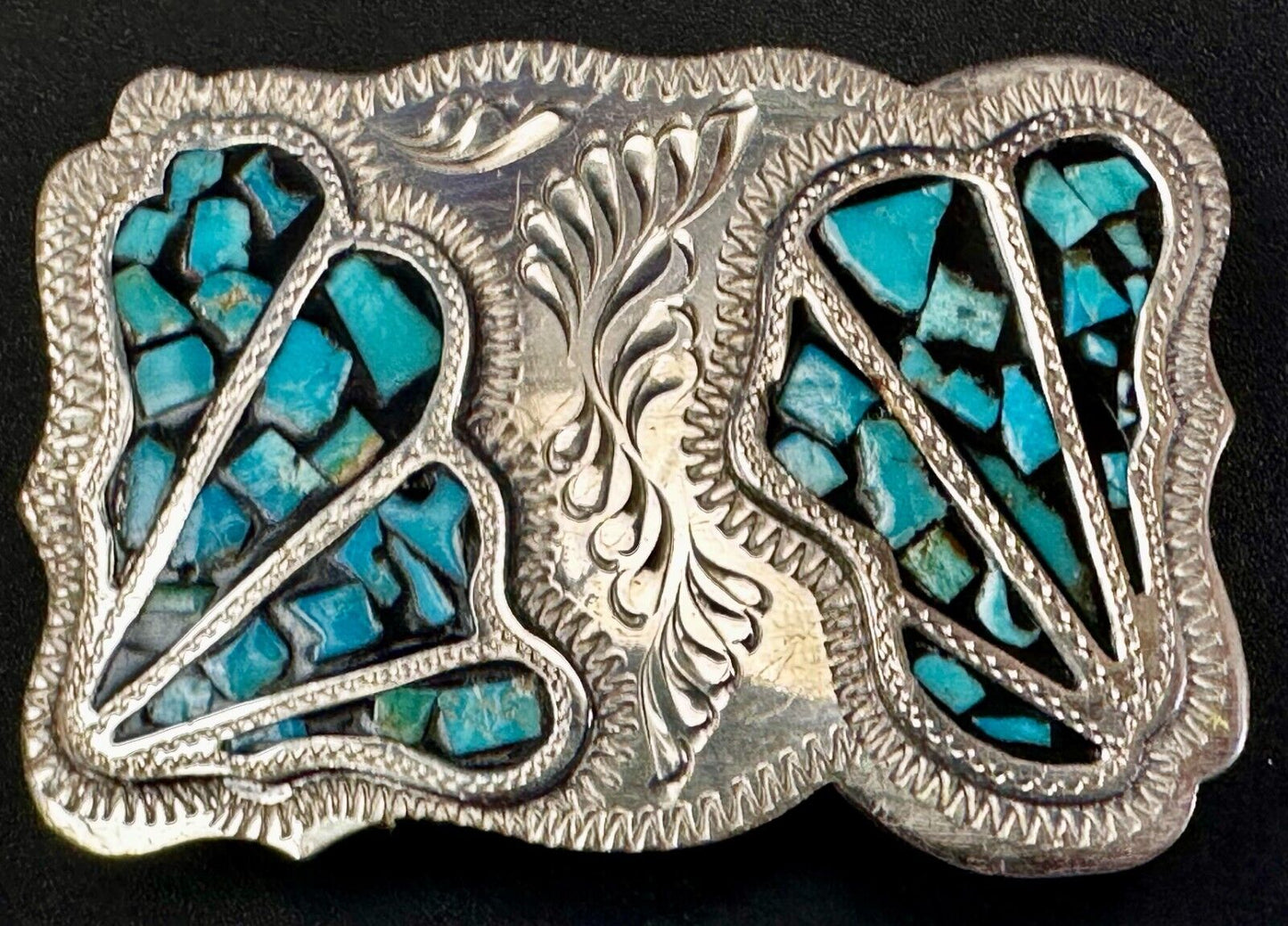 Turquoise Coral Stone Chip Inlay Hand Made Wil-Aren Western Jewelry Belt Buckle