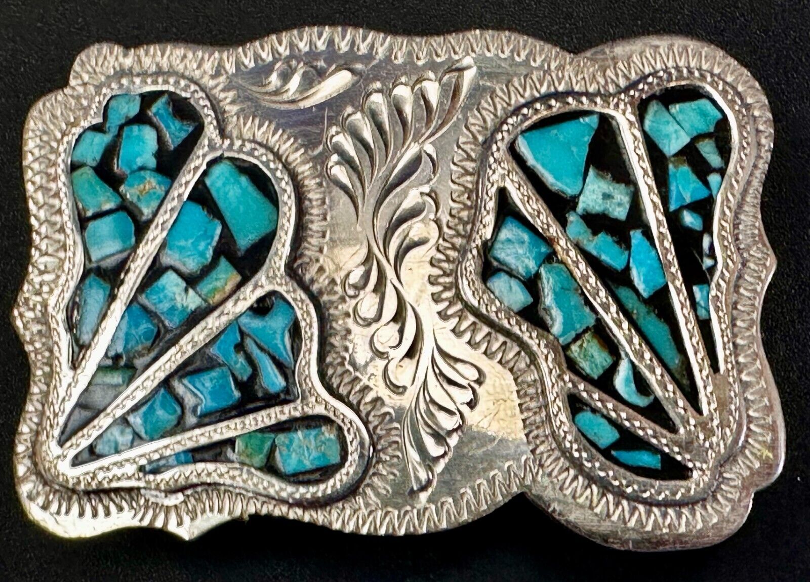 Turquoise Coral Stone Chip Inlay Hand Made Wil-Aren Western Jewelry Belt Buckle