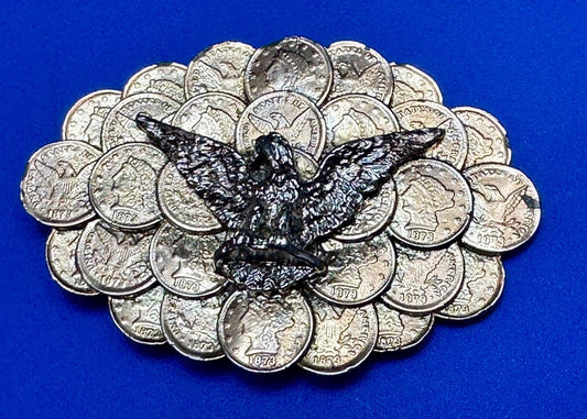 American Eagle wings wide over cluster of Indian Head Coins belt buckle