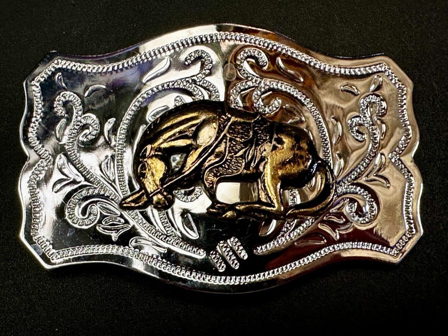 Vintage Cowboy Saddle Bronc Bucking Horse Two tone Belt Buckle