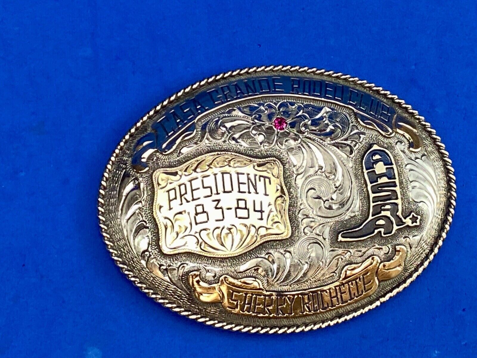 80's Lee Wesley trophy belt buckle CASA Grande Rodeo Club President Award AHSA 