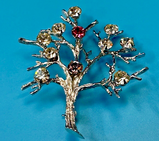 Tree Of Life Rhinestone Accented Vtg. 925 Sterling Silver Brooch - See Hallmark