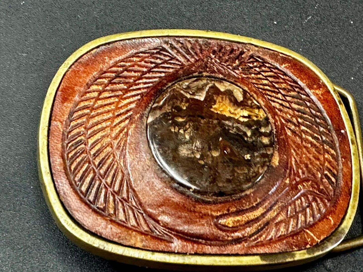 Unique Leather and Solid Brass Round Centerpiece Vintage Belt Buckle by Baron