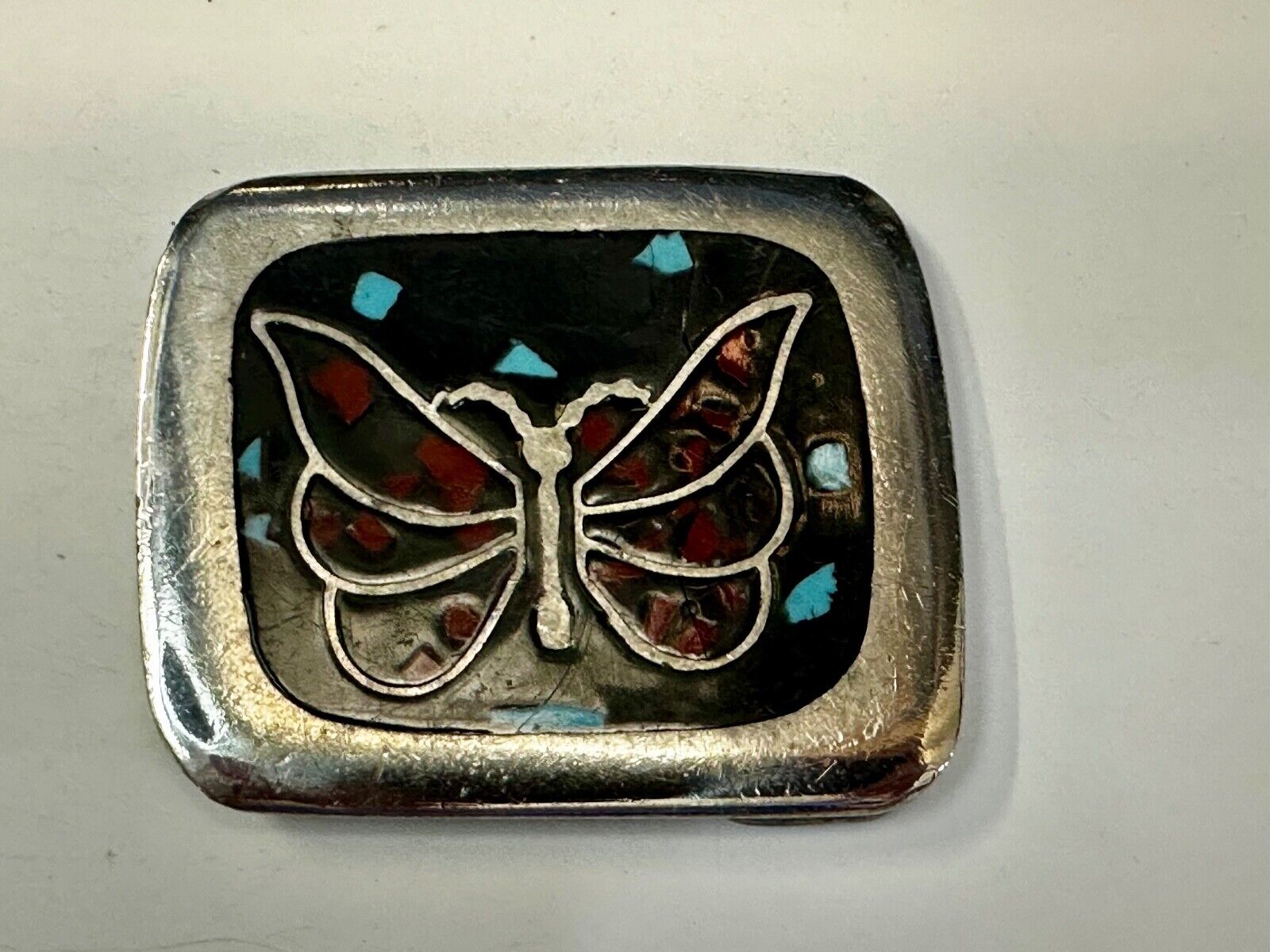 Artisan Butterfly in resin with Turquoise and coral colored chips Belt Buckle