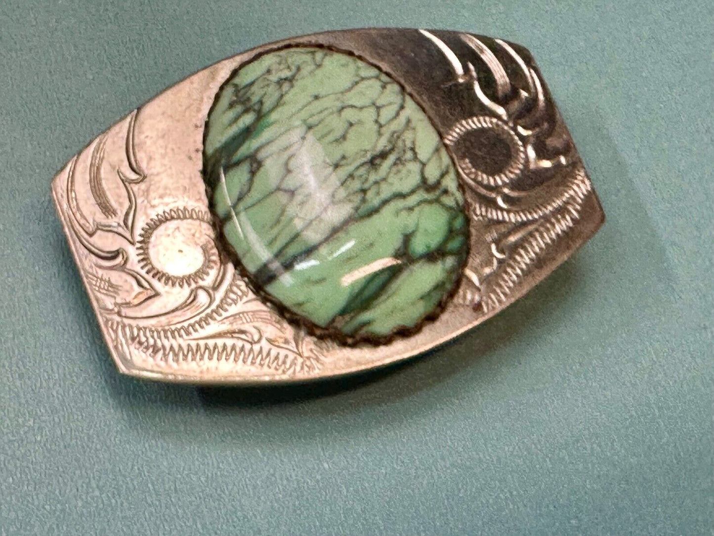 Variscite? Green  Gem Stone Cabochon Centerpiece on Nickel Silver Belt Buckle