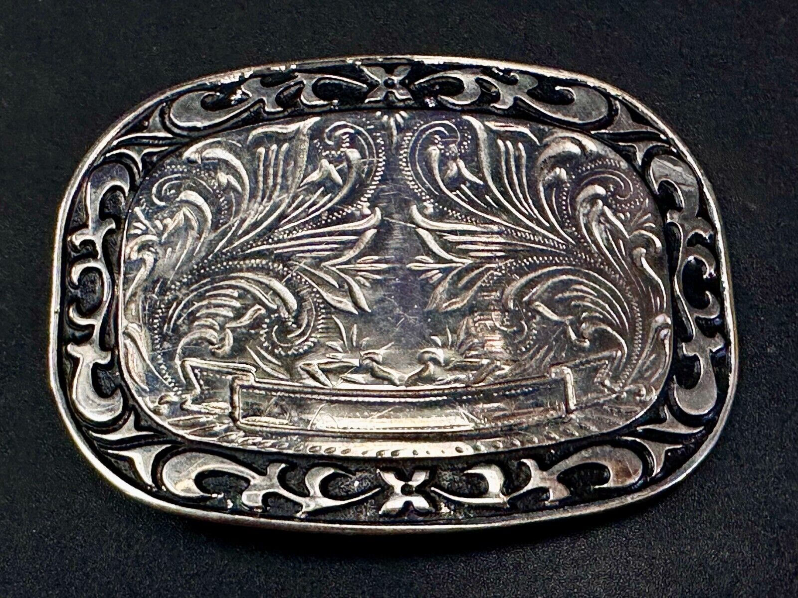 Vintage Blank Award Ribbon Scroll To Engrave Flower Swirl Design Belt Buckle