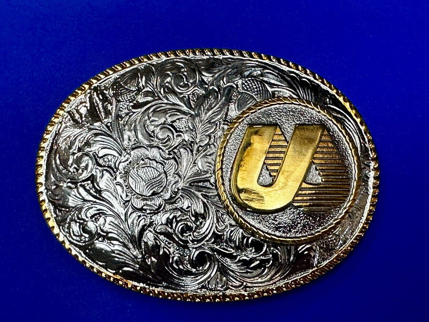 UA Company Logo Floral Flower Design Gold & Silver Tone Vintage Belt Buckle