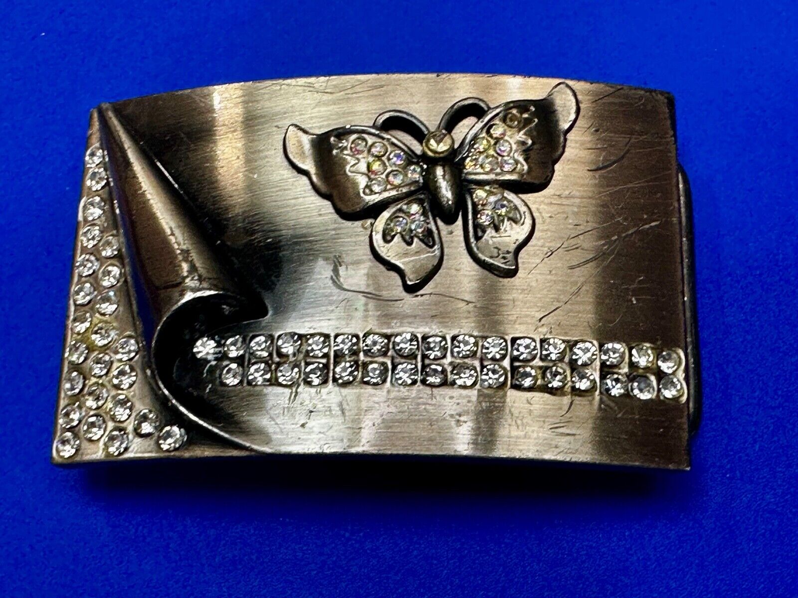 Unique Butterfly Theme Rhinestone Accented Vintage Silver Tone Belt Buckle