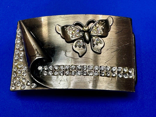 Unique Butterfly Theme Rhinestone Accented Vintage Silver Tone Belt Buckle