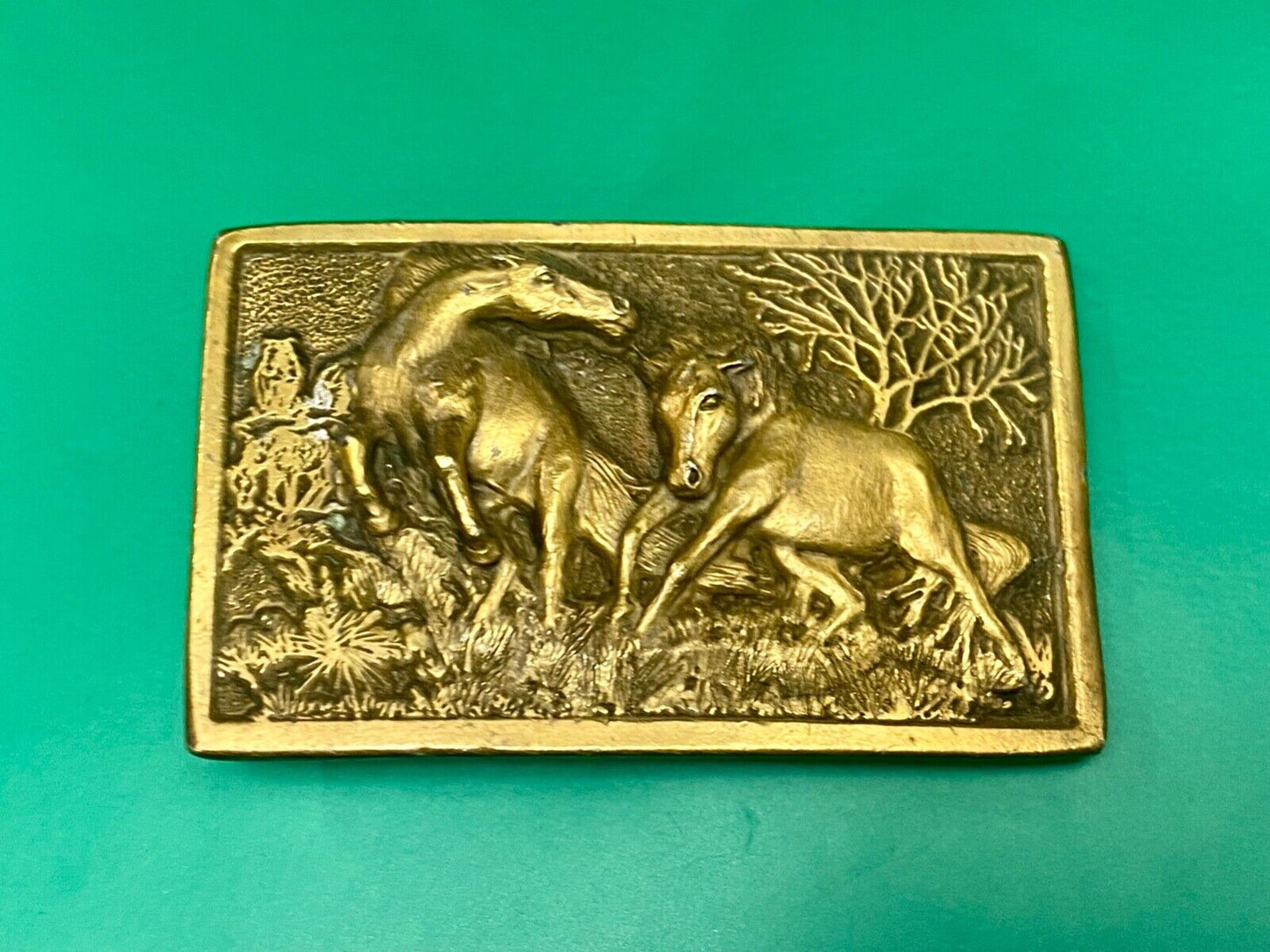Adezy Horses belt buckle carved by Paula Freed Vintage 1978 Nature belt buckle