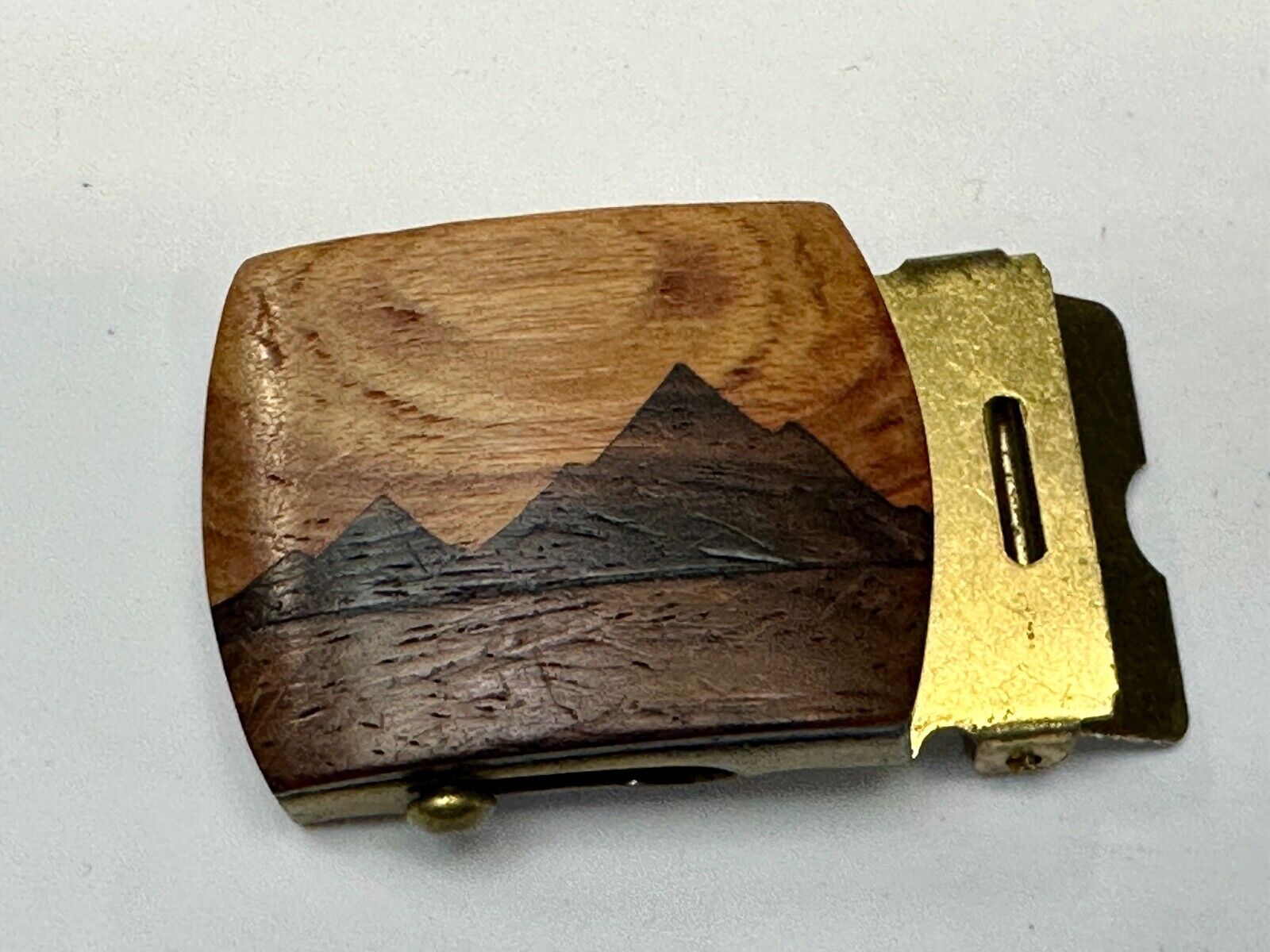 Artisan Mountain scene - Mixed Wood Top Solid Brass Ratchet Dress Belt Buckle