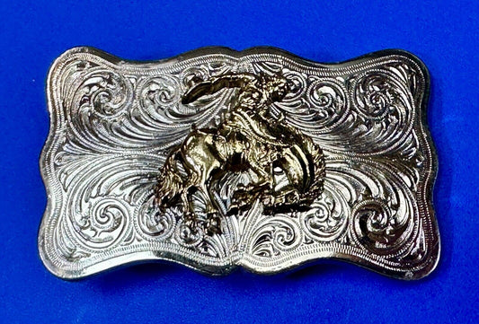 Vintage Cowboy Saddle Bronc western two tone ornate flower swirl belt buckle