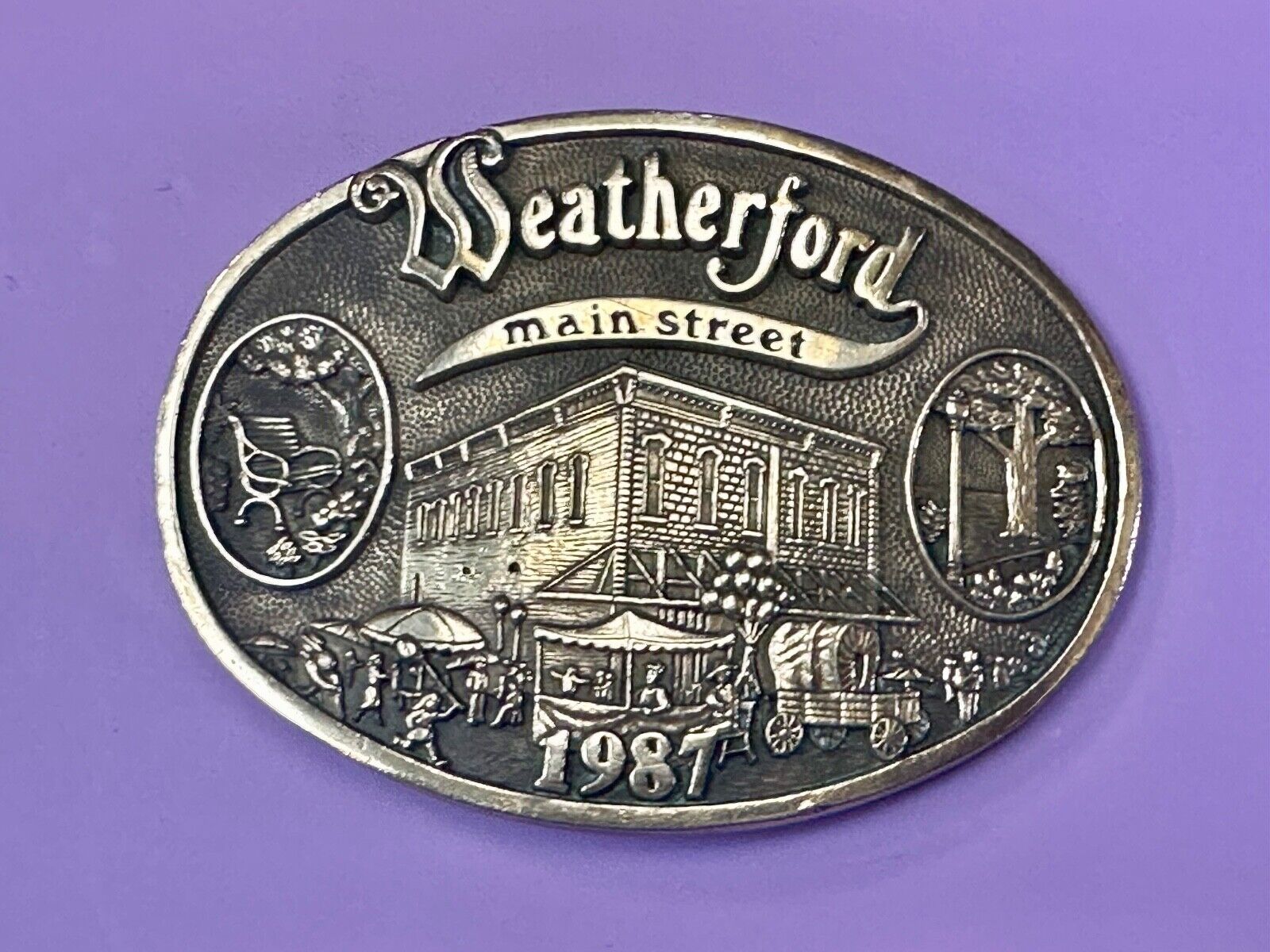 Texas Weatherford Main Street - vintage 1987 LIMITED ADM solid brass belt buckle