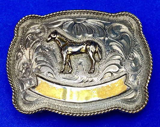 Vintage HORSE western Justin Boot Company belt buckle with Award Ribbon