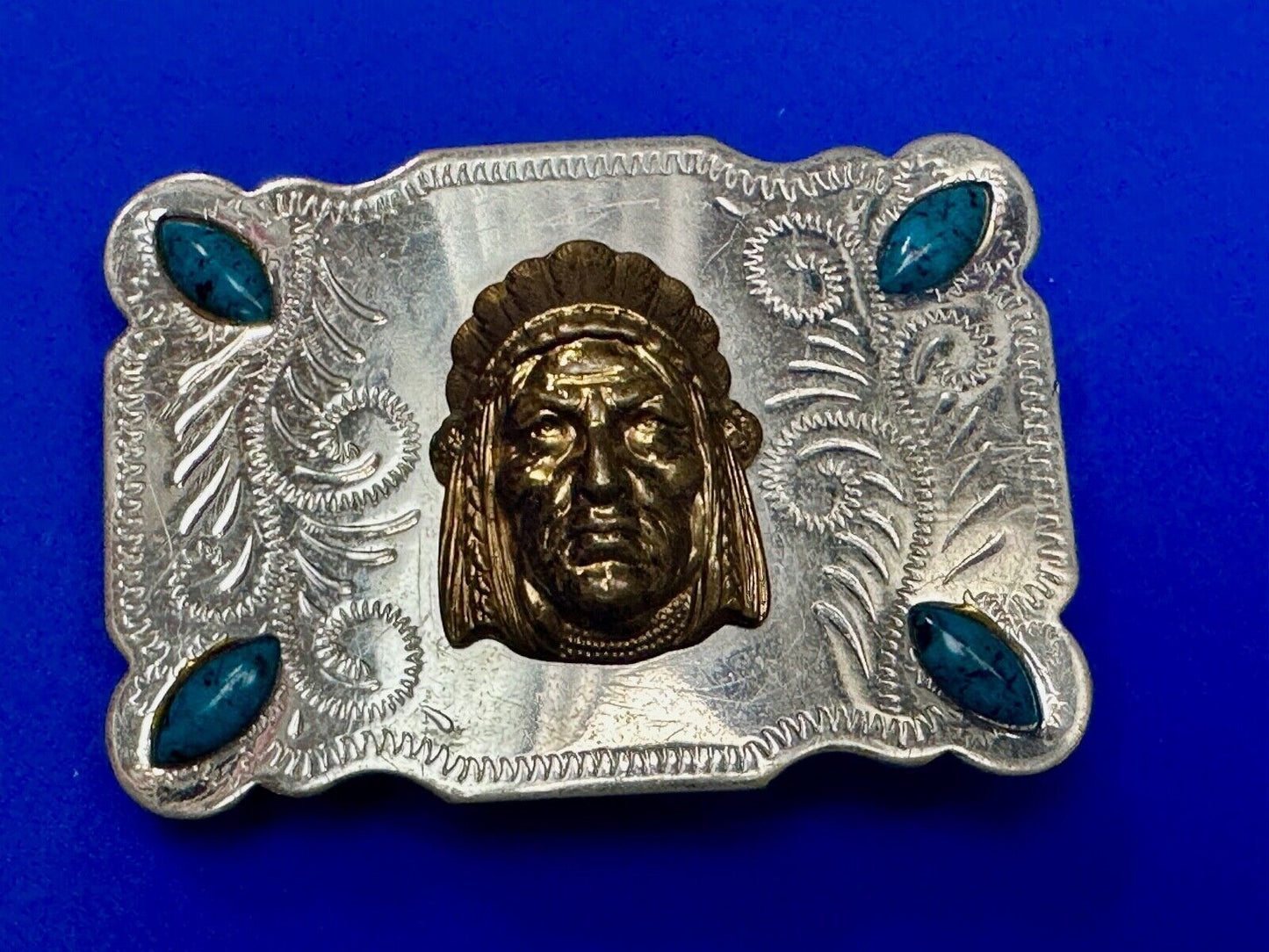 3D Native American Indian Chief & Turquoise stones Nickel Silver Vtg Belt Buckle